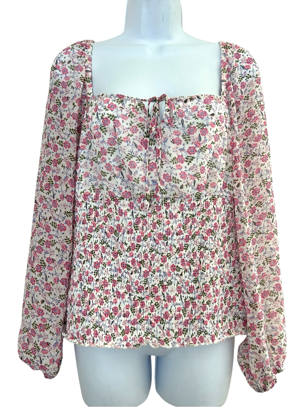 AQUA Bloomingdale’s Ditsy Floral Smocked Peasant Blouse Pink M NWT